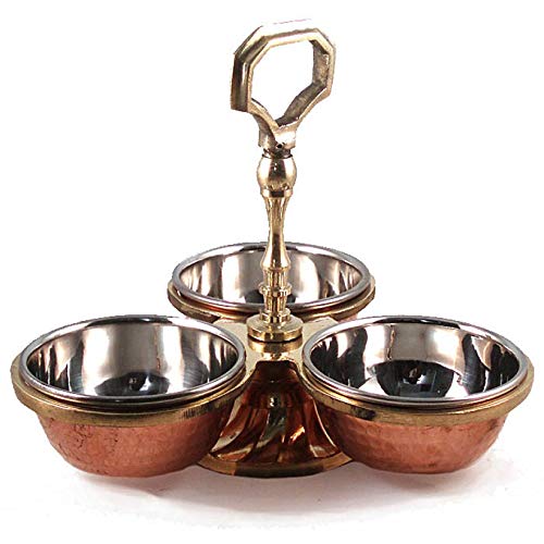 Copper Hammered Pickle / Chutney Stand w/ 3 Bowls