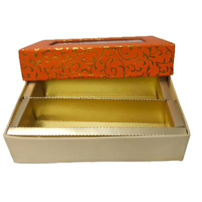 Orange-Colored Indian Sweet Boxes with 2 Compartments - 1/4 Kg Size - Outer: 7" x 4.5" x 1.75", Inner: 6.75" x 4.25" x 1.51"