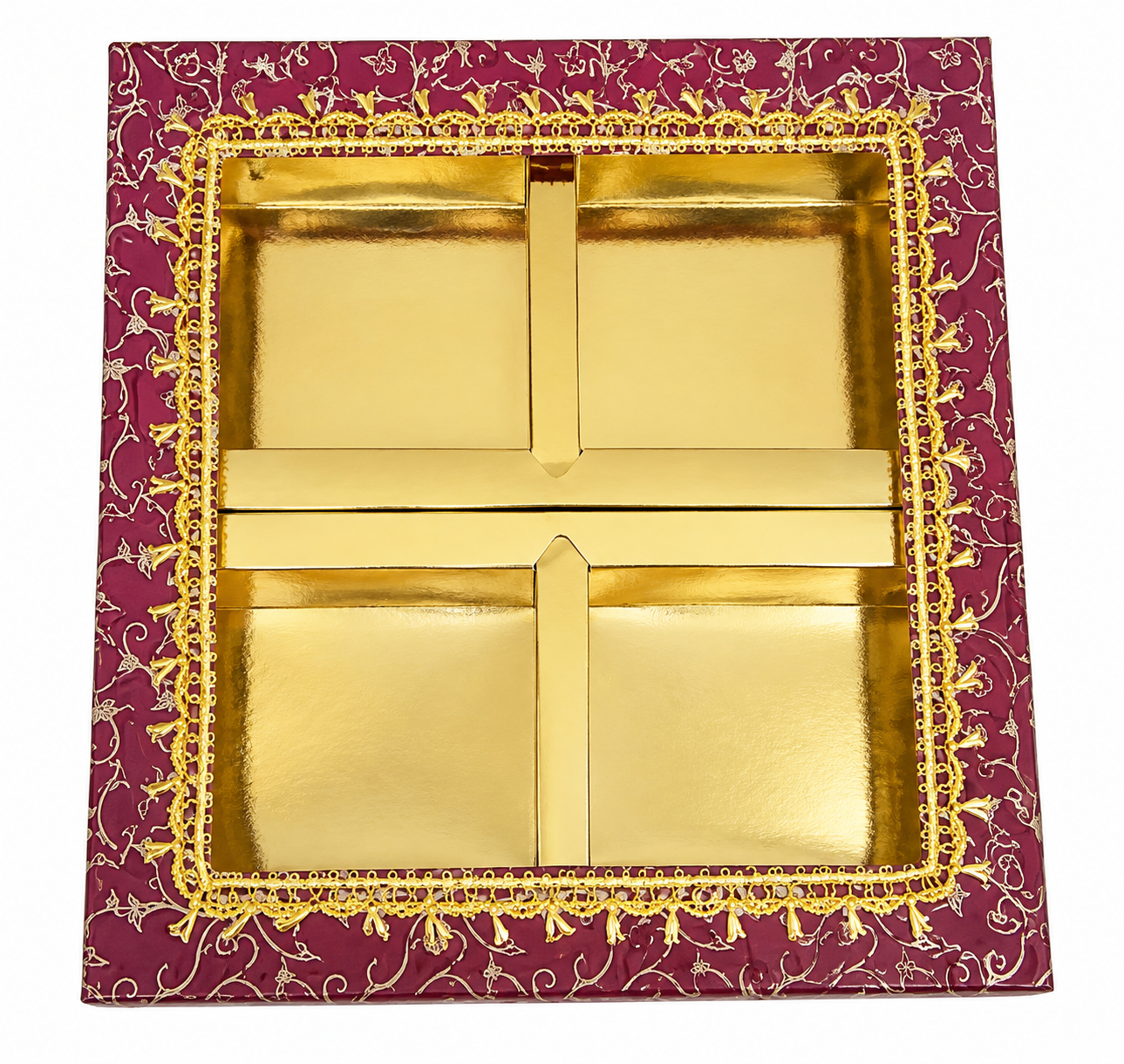 Empty DryFruit Boxes in Square Shape - 4 Compartment (maroon)