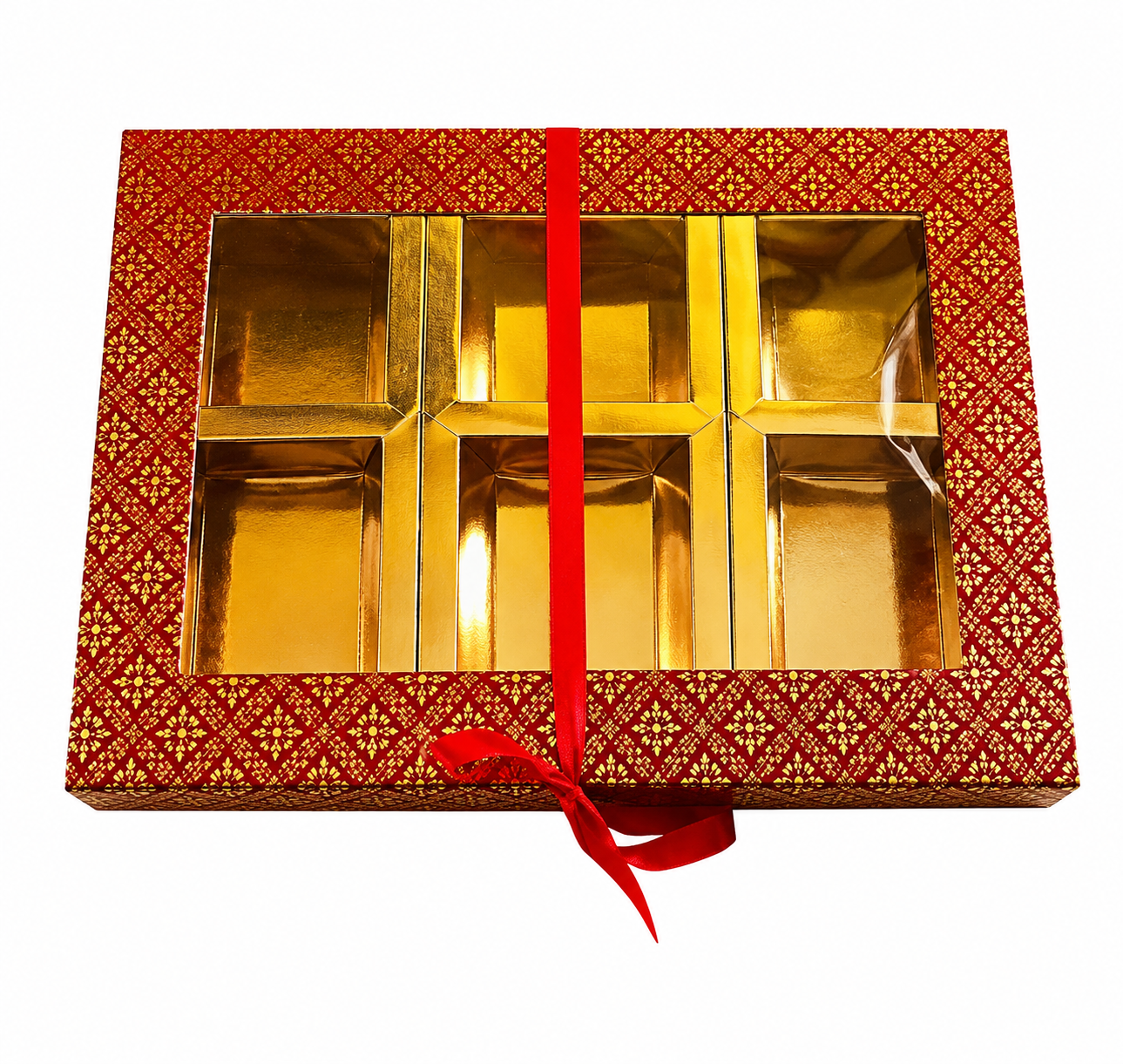 Empty DryFruit Boxes in Square Shape - 6 Compartment (Red)