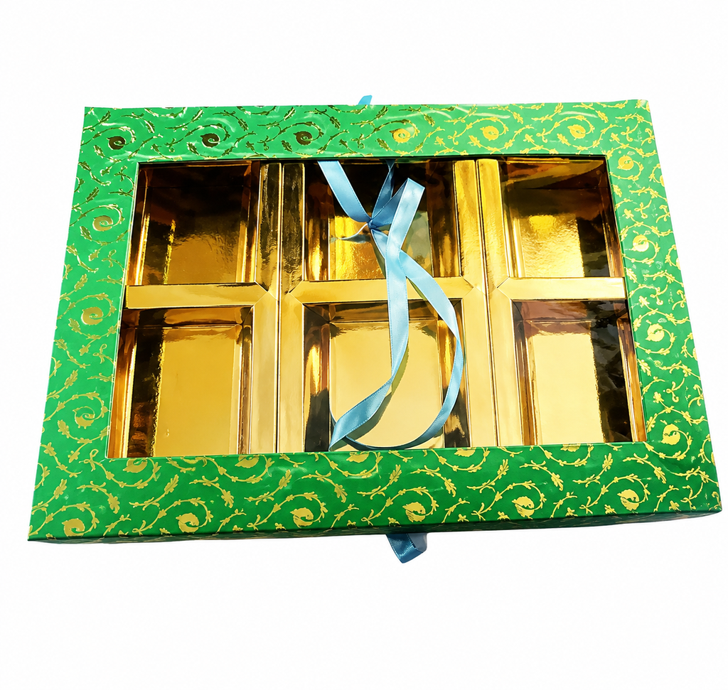 Empty DryFruit Boxes in Square Shape - 6 Compartment (Green)