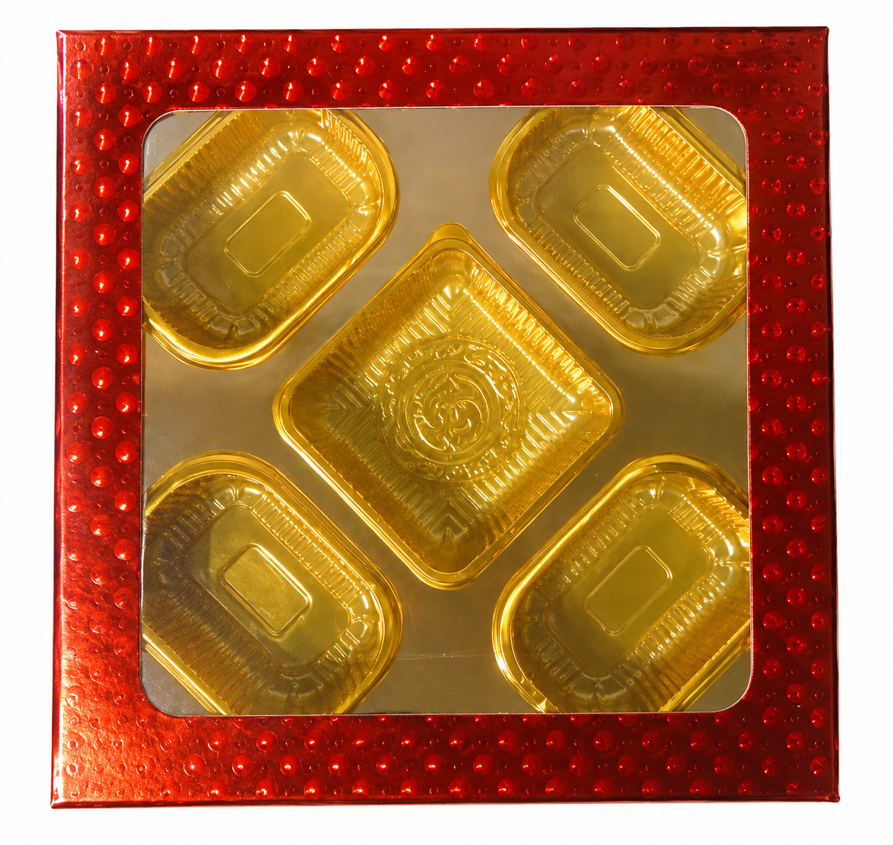Empty DryFruit Boxes in Square Shape - 5 Compartment (Red) - 9 x 9"