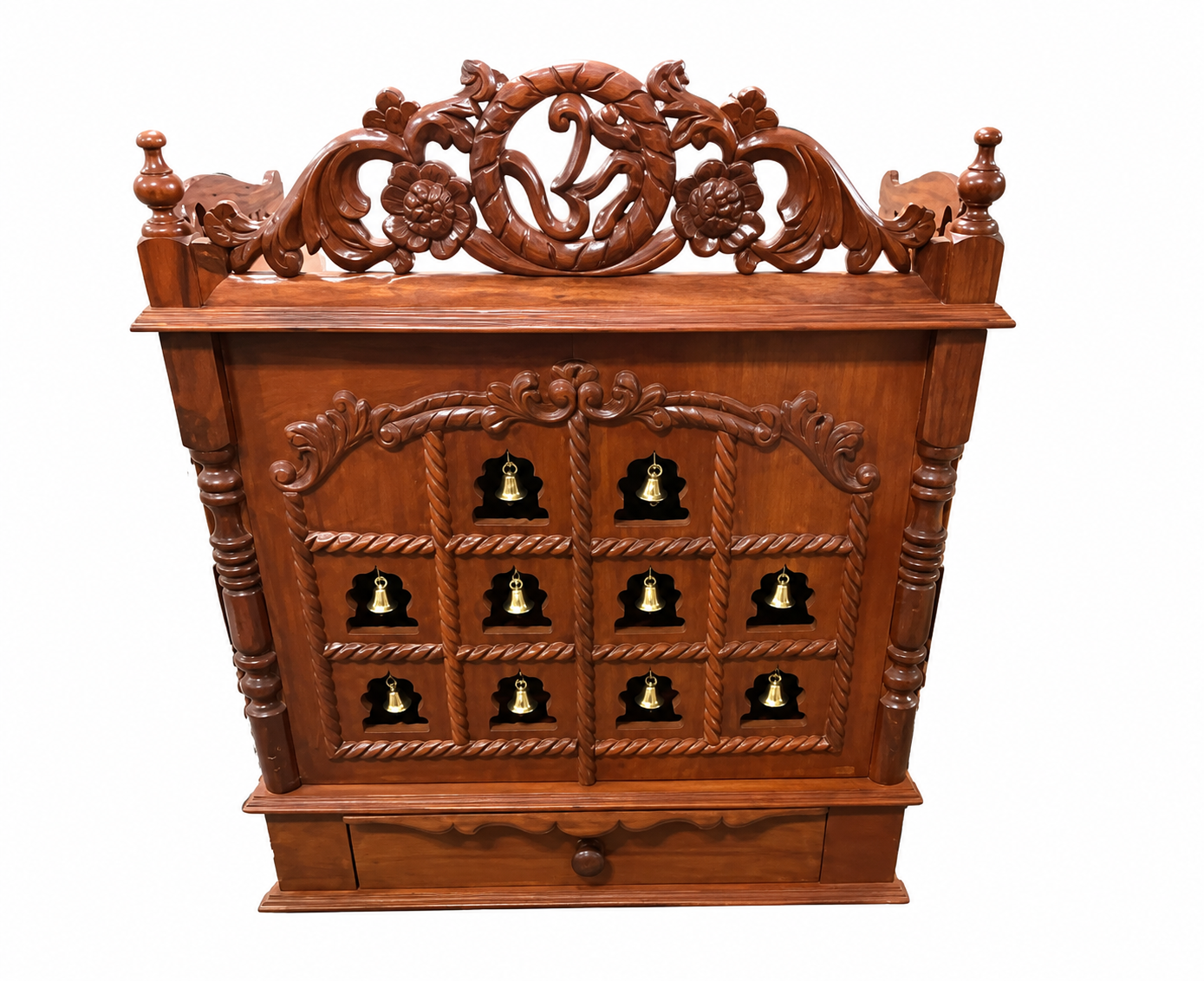 Wooden Puja Mandir for Home w/ Carving & Bells on Doors - 21"- LI41
