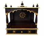 Traditional Small Wooden Mandir for Home in Dark Brown & Gold - 18"- LI45