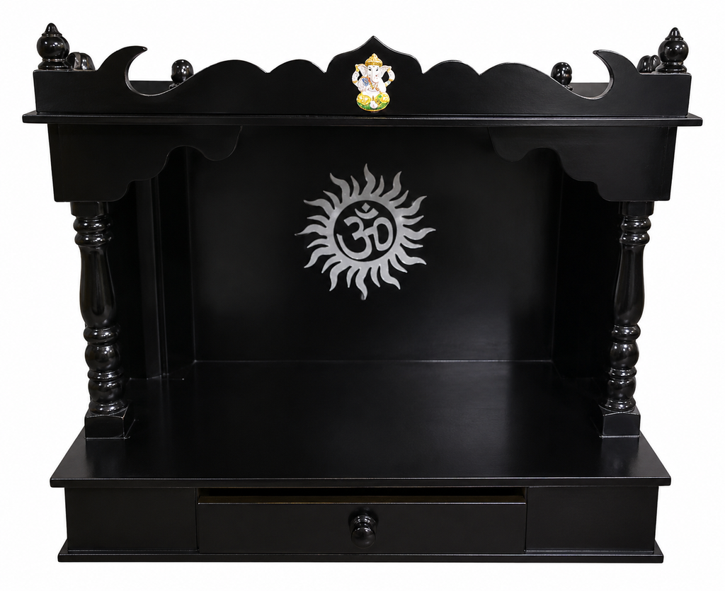 Dark Brown Open Wooden Temple w/ Ganpati Idol & Om Symbol - 24"- LI50