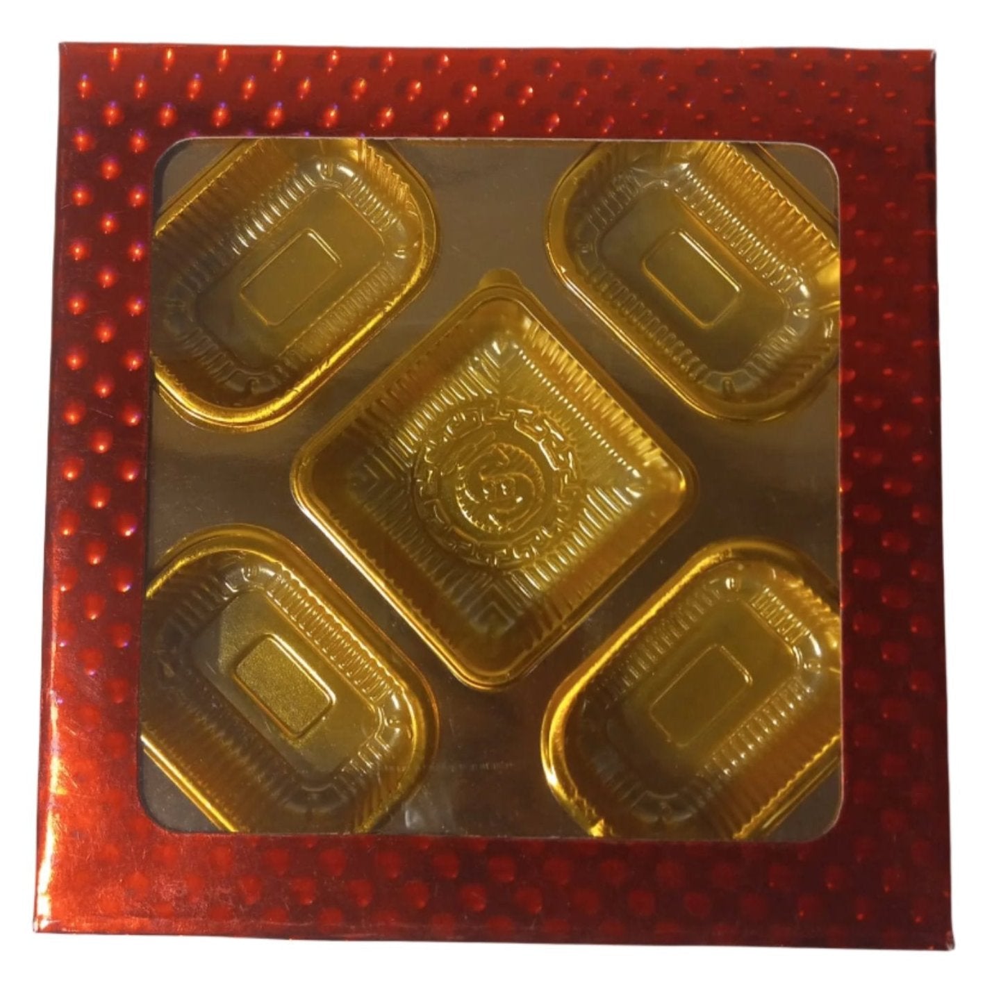 Empty DryFruit Boxes in Square Shape - 5 Compartment (Red) - 9 x 9"