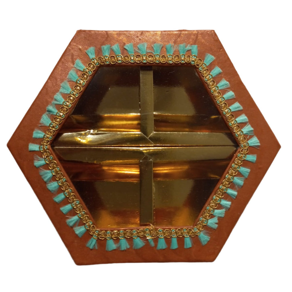 Empty DryFruit Boxes in Hexagon Shape - 4 Compartment (200Gms) - 8x8"