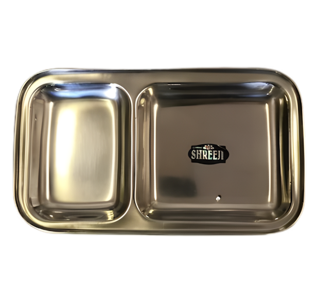 Stainless Steel Rectangle Plate / Thali w/ 2 Compartments (6 Pcs)