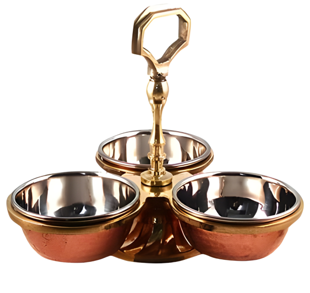 Copper Hammered Pickle / Chutney Stand w/ 3 Bowls