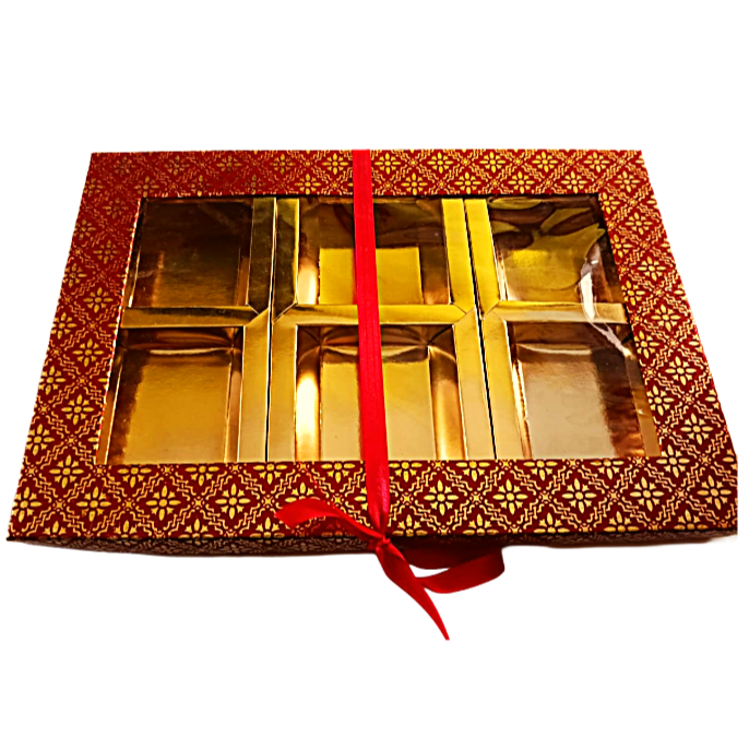 Empty DryFruit Boxes in Square Shape - 6 Compartment (Red)