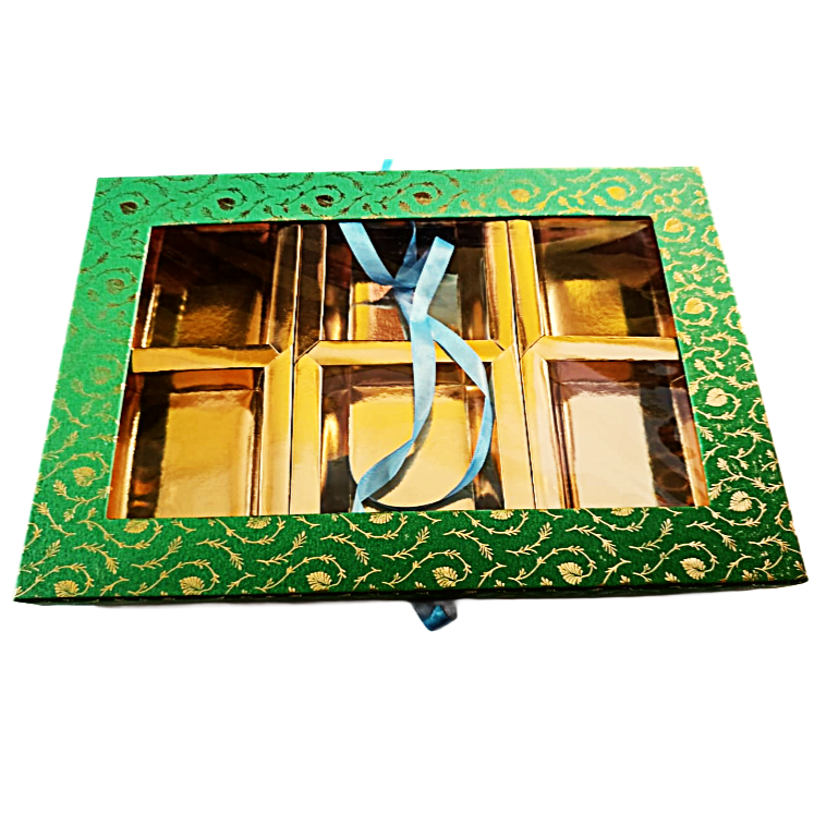Empty DryFruit Boxes in Square Shape - 6 Compartment (Green)