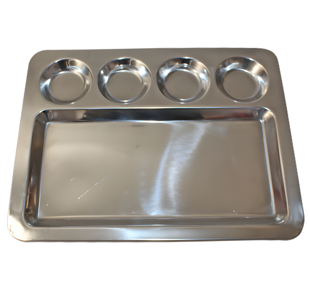 Stainless Steel Rectangle Dosa Thali / Saravana Plate 5 Compartments 16.5"