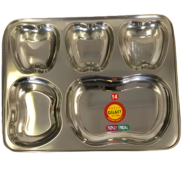 Stainless Steel Rectangle Thali in Apple Shape - 5 Compartments