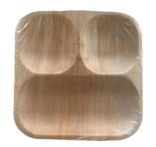 Eco-Friendly Disposable Square Plates in 3Comp - 9 x 9" (Pack of 25 Pcs)