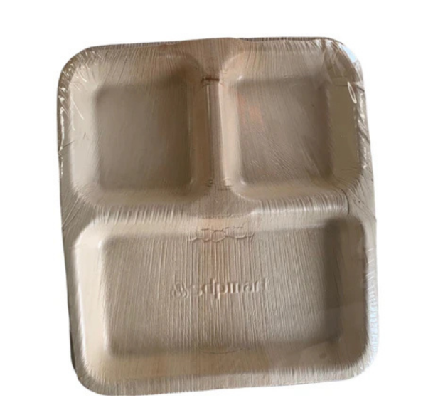 Eco-Friendly Disposable Rectangle Plates in 3Comp - 8 x 9" (Pack of 25 Pcs)