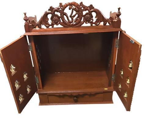 Wooden Puja Mandir for Home w/ Carving & Bells on Doors - 21"- LI41