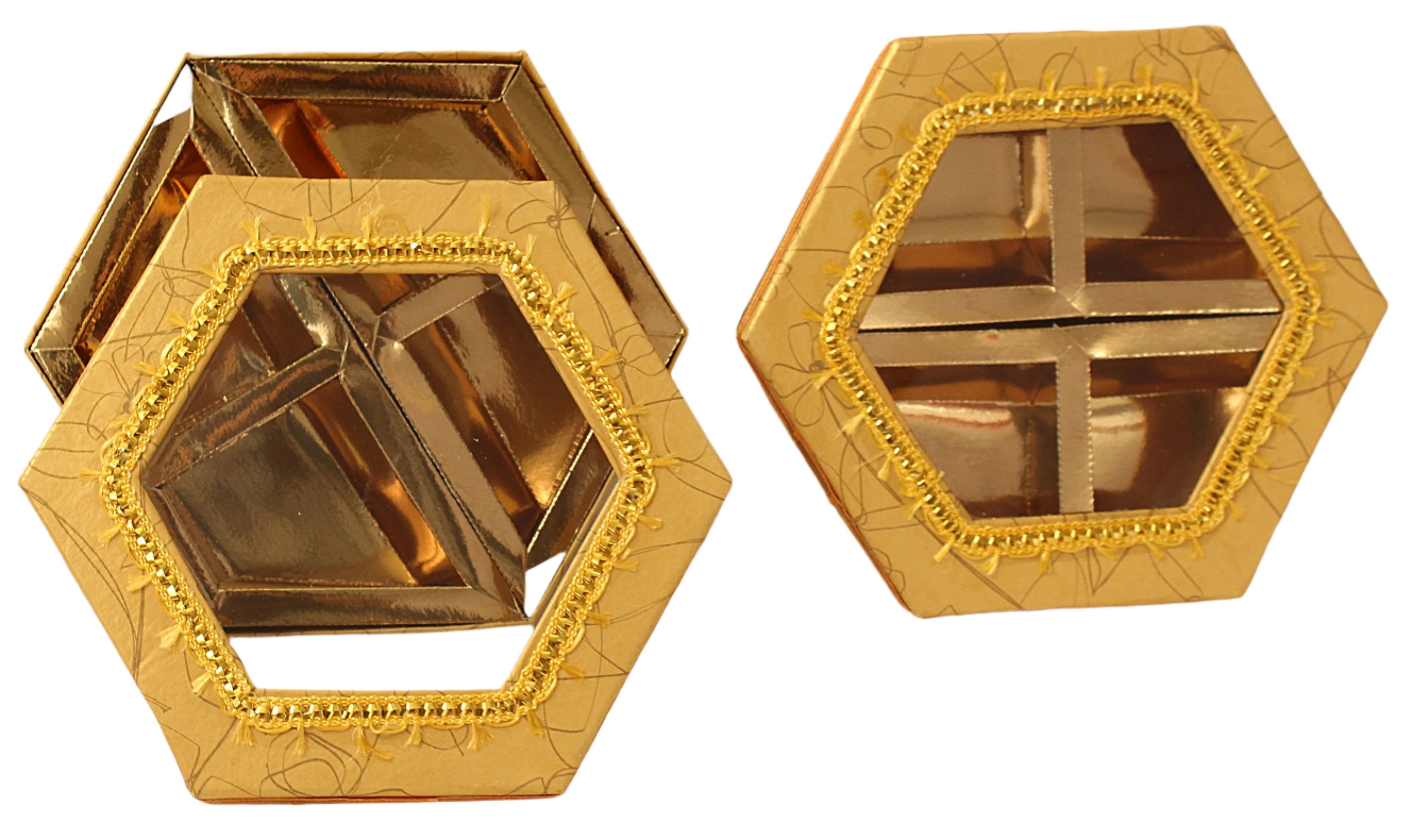 Empty DryFruit Boxes in Hexagon Shape - 4 Compartment (200Gms) - 8x8"