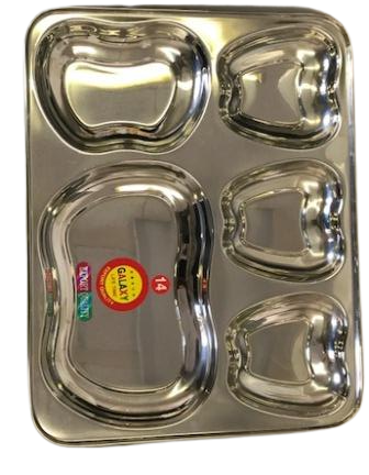 Stainless Steel Rectangle Thali in Apple Shape - 5 Compartments