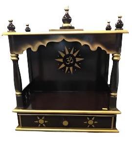 Traditional Small Wooden Mandir for Home in Dark Brown & Gold - 12"- LI43