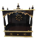 Traditional Small Wooden Mandir for Home in Dark Brown & Gold - 18"- LI45