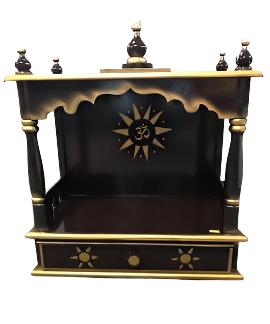 Traditional Small Wooden Mandir for Home in Dark Brown & Gold - 18"- LI45