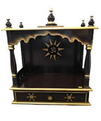 Traditional Small Wooden Mandir for Home in Dark Brown & Gold - 10"- LI46