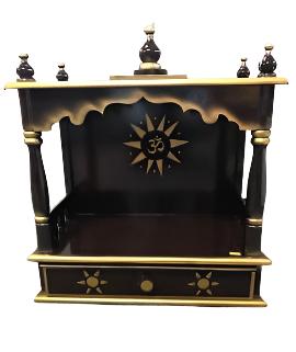 Traditional Small Wooden Mandir for Home in Dark Brown & Gold - 10"- LI46