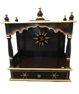 Traditional Small Wooden Mandir for Home in Dark Brown & Gold - 15"- LI44