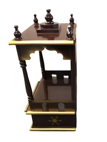 Traditional Small Wooden Mandir for Home in Dark Brown & Gold - 10"- LI46