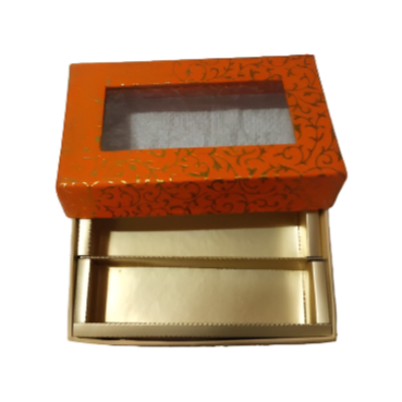 Orange-Colored Indian Sweet Boxes with 2 Compartments - 1/4 Kg Size - Outer: 7" x 4.5" x 1.75", Inner: 6.75" x 4.25" x 1.51"