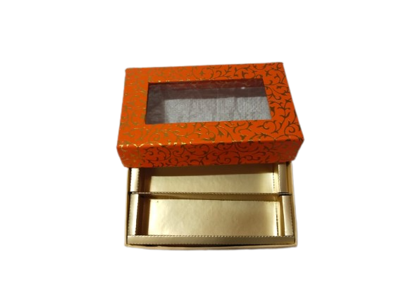 Orange-Colored Indian Sweet Boxes with 2 Compartments - 1/4 Kg Size - Outer: 7" x 4.5" x 1.75", Inner: 6.75" x 4.25" x 1.51"