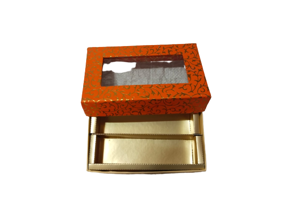Orange-Colored Indian Sweet Boxes with 2 Compartments - 1/4 Kg Size - Outer: 7" x 4.5" x 1.75", Inner: 6.75" x 4.25" x 1.51"