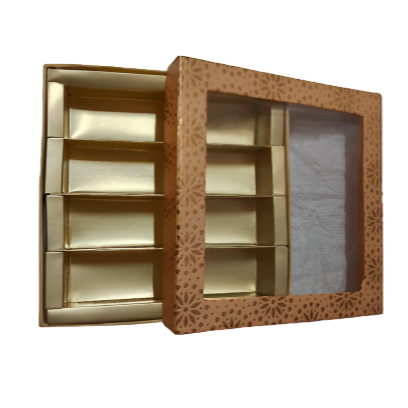 Peach-Colored Indian Sweet Boxes with 4 Compartments - 1/2 Kg Size - Outer - 7.5" x 7.5" x 1.75" Inner - 7.25" x 7.25" x 1.50"