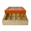 Orange-Colored Indian Sweet Boxes with 4 Compartments - 1/2 Kg Size - Outer - 7.5" x 7.5" x 1.75" Inner - 7.25" x 7.25" x 1.50"