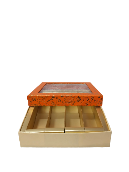 Orange-Colored Indian Sweet Boxes with 4 Compartments - 1/2 Kg Size - Outer - 7.5" x 7.5" x 1.75" Inner - 7.25" x 7.25" x 1.50"