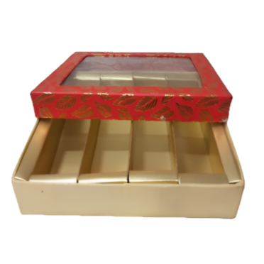 Red-Colored Indian Sweet Boxes with 4 Compartments - 1/2 Kg Size - Outer - 7.5" x 7.5" x 1.75" Inner - 7.25" x 7.25" x 1.50"
