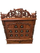 Wooden Puja Mandir for Home w/ Carving & Bells on Doors - 21"- LI41